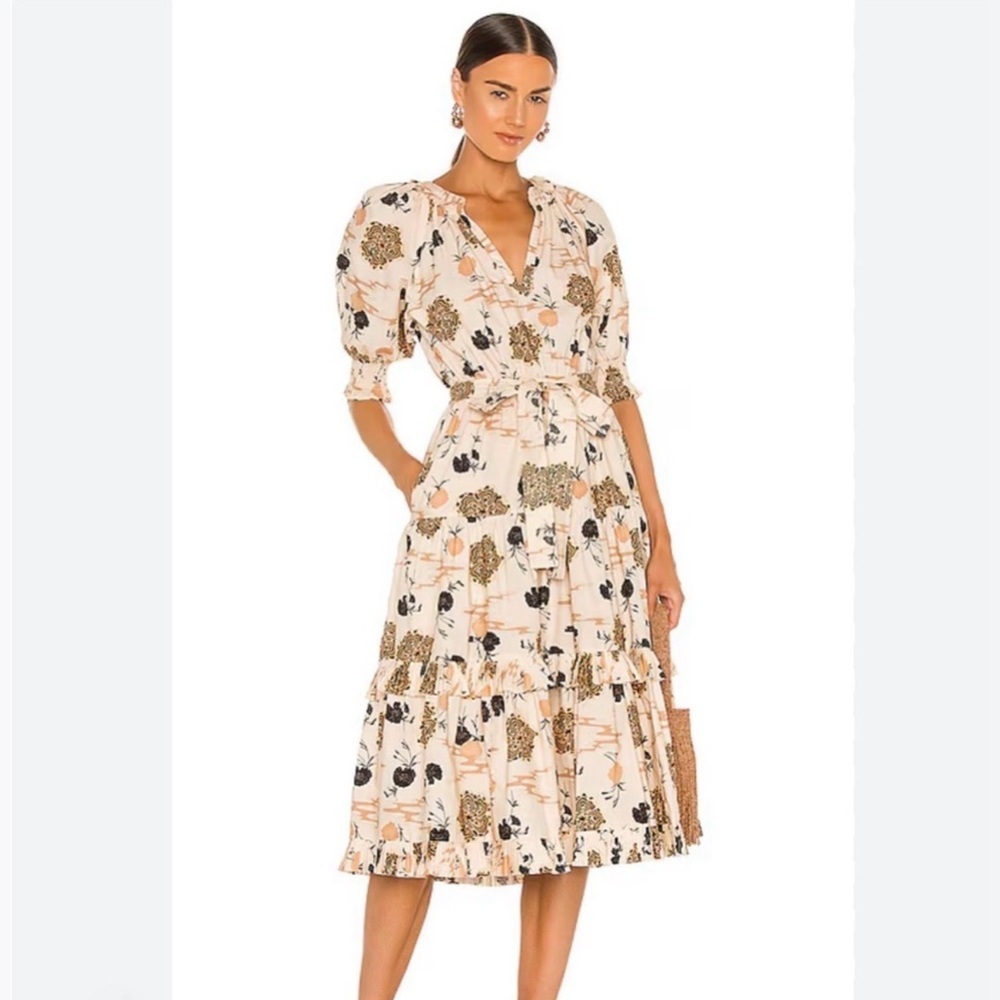Ulla Johnson Dasha Dress Brown Floral Ruffle Tried Midi Dress Size Small
